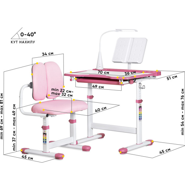 Комплект мебели Evo-kids (стол+стул+полка+лампа) BD-23 PN - столешница белая / цвет пластика розовый (коробок-1 шт.)