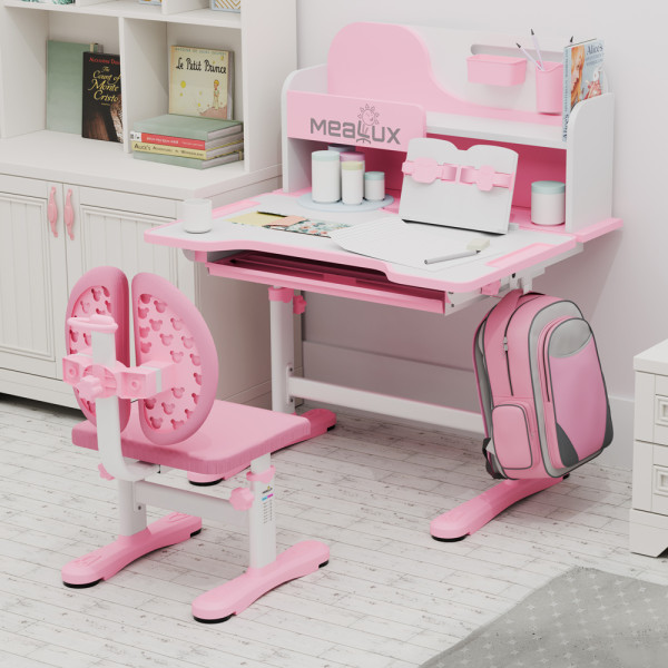 Комплект мебели (стол + стульчик + полка) Mealux Wave Pink (арт. BD-31 PN) - столешница белая / накладки на ножках розовые (коробок-1шт.)