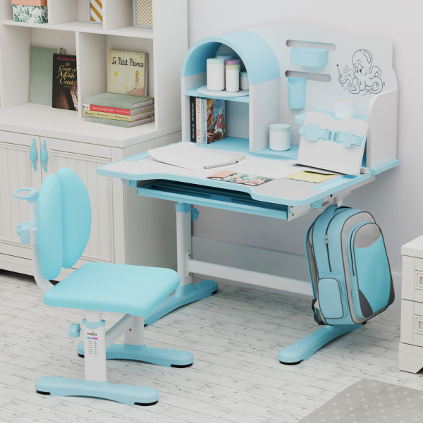 Комплект мебели (стол + стульчик + полка) Mealux Octo Blue (арт. BD-33 BL) - столеншица белая / накладки голубые (коробок-1 шт.)