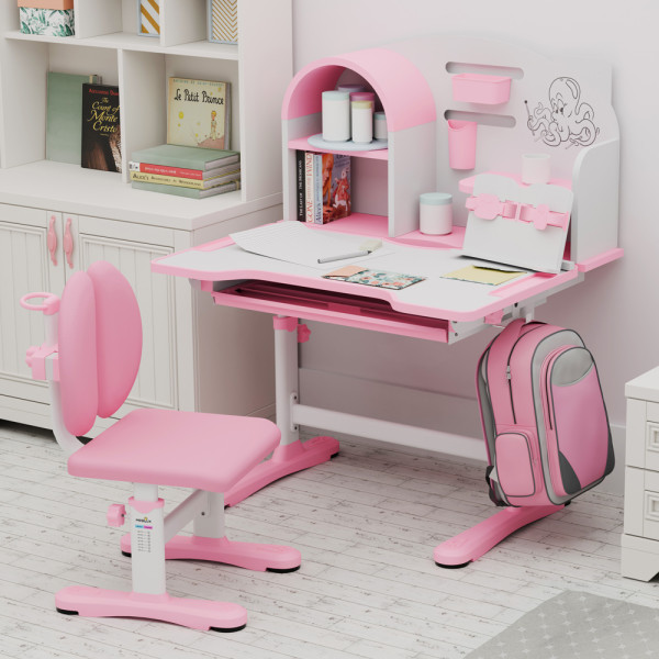 Комплект мебели (стол + стульчик + полка) Mealux Octo Pink (арт. BD-33 PN) - столеншица белая / накладки розовые (коробок-1 шт.)