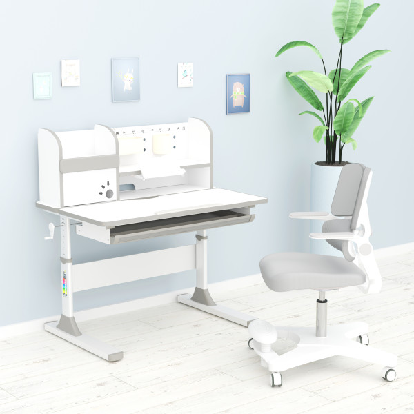 Детский стол Mealux Edmonton Multicolor BL с полкой (арт. BD-610 W/MC + BL с полкой) - cтолешница белая / накладки серые и голубые  (коробок-4 шт.)