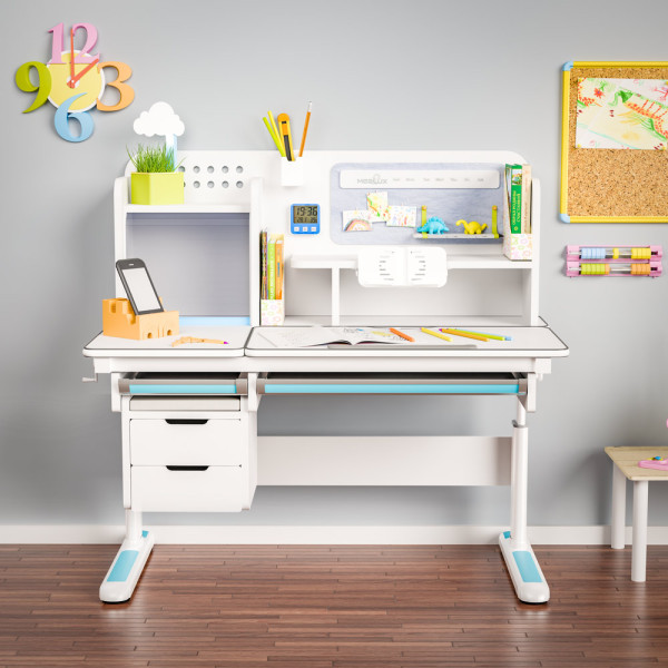 Дитячий стіл Mealux Winnipeg Multicolor Plus WG Blue (арт. BD-630 WG + BL з тумбою) - стільниця біла / накладки на ніжках блакитні (коробок-2 шт.)