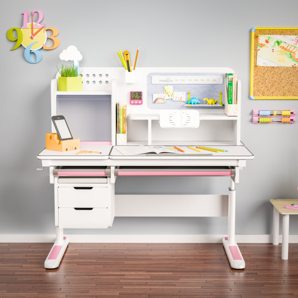 Дитячий стіл Mealux Winnipeg Multicolor Plus WG Pink (арт. BD-630 WG + PN з тумбою) - стільниця біла / накладки на ніжках рожеві (коробок-2 шт.)