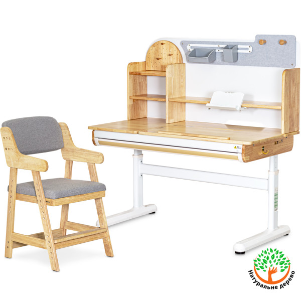 Комплект стол Mealux Timberdesk L + кресло Mealux Carlo (арт. BD-690 Wood L+ KD-050 G) - столешница дерево / обивка серая (коробок 3 шт.)