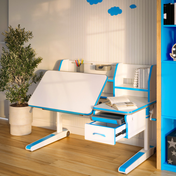 Детский стол Mealux Sherwood W/BL Energy (арт. BD-830 W/BL Energy) - столешница белая / накладки на ножках голубые (коробок-2 шт.)