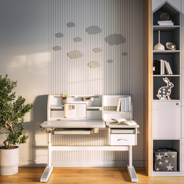 Детский стол Mealux Sherwood W/G Energy (арт. BD-830 W/G Energy) - столешница белая / накладки на ножках серые (коробок-2 шт.)