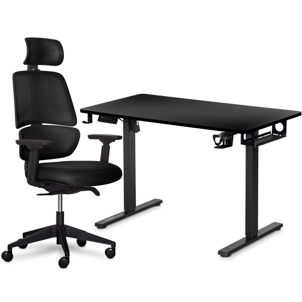 Комплект Mealux PowerDesk Lite Black + Leo Air Plus Black (арт. EVO-201 Lite B/B +Y 546 KB) - стільниця чорна / оббивка чорна (коробок 3 шт.)
