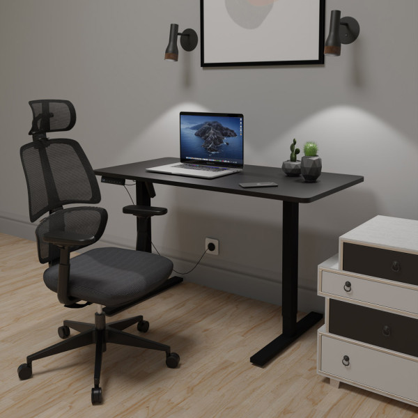 Комплект Mealux PowerDesk Lite Black + Leo Air Plus Grey (арт. EVO-201 Lite B/B +Y 546 KBG) - столешница черная / обивка серая (коробок 3 шт.)