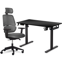 Комплект Mealux PowerDesk Lite Black + Leo Air Plus Grey (арт. EVO-201 Lite B/B +Y 546 KBG) - стільниця чорна / оббивка сіра (коробок 3 шт.)