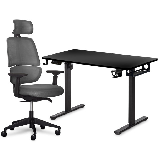 Комплект Mealux PowerDesk Lite Black + Leo Air Plus Grey (арт. EVO-201 Lite B/B +Y 546 KBG) - столешница черная / обивка серая (коробок 3 шт.)