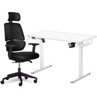 Комплект Mealux PowerDesk Lite Black + Leo Air Plus Black (арт. EVO-201 Lite W/W +Y 546 KB) - стільниця біла / оббивка чорна (коробок 3 шт.)