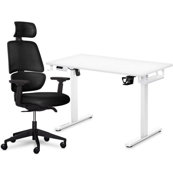 Комплект Mealux PowerDesk Lite White + Leo Air Plus Black (арт. EVO-201 Lite W/W +Y 546 KB) - столешница белая / обивка черная (коробок 3 шт.)