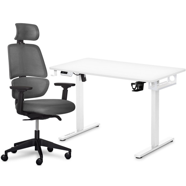 Комплект Mealux PowerDesk Lite White + Leo Air Plus Grey (арт. EVO-201 Lite W/W +Y 546 KBG) - столешница белая / обивка серая (коробок 3 шт.)