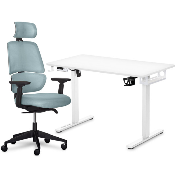 Комплект Mealux PowerDesk Lite White + Leo Air Grey Blue (арт. EVO-201 Lite W/W +Y 546 KBGL) - стільниця біла / оббивка сіро-блакитна (коробок 3 шт.)