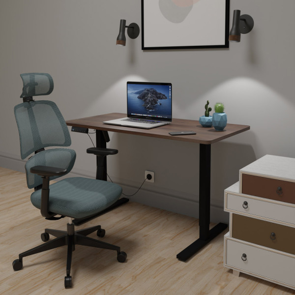Комплект Mealux PowerDesk Lite Walnut+Leo Air Plus Grey Blue (арт. EVO-201 Lite Walnut/B+Y 546 KBGL) - столешница дерево / обивка серо-голубая (коробок 3 шт.)