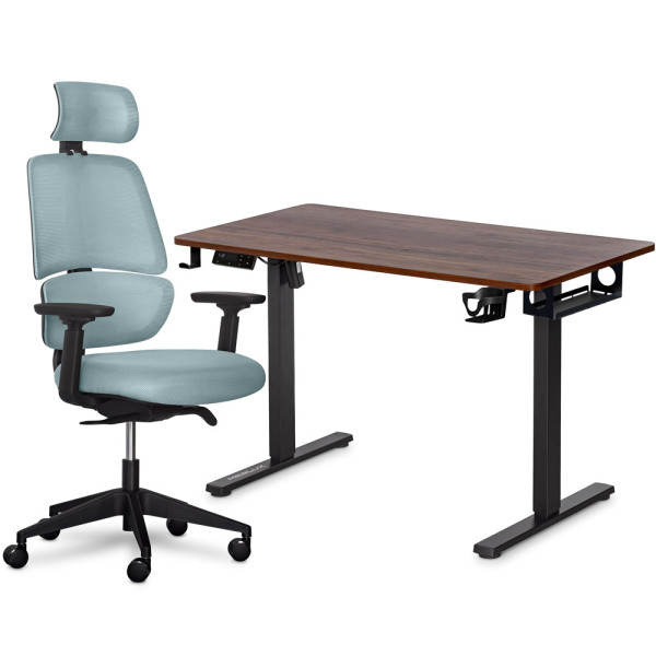 Комплект Mealux PowerDesk Lite Walnut+Leo Air Plus Grey Blue (арт. EVO-201 Lite Walnut/B+Y 546 KBGL) - столешница дерево / обивка серо-голубая (коробок 3 шт.)