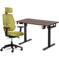 Комплект Mealux PowerDesk Lite Walnut + Leo Air Plus Green (арт. EVO-201 Lite Walnut /B +Y 546 KZ) - столешница дерево / обивка зеленая (коробок 3  шт.)
