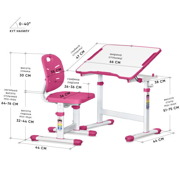 Комплект Evo-kids (стул+стол) Evo-03 Ergo Pink (арт. Evo-03 Ergo PN) - столешница белая / цвет пластика розовый (коробок-1 шт.)