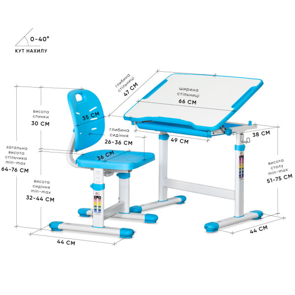 Комплект Evo-kids (стол+стул) Evo-05 Ergo Blue (арт. Evo-05 Ergo BL) - столешница белая / цвет пластика голубой (коробок-1 шт.)