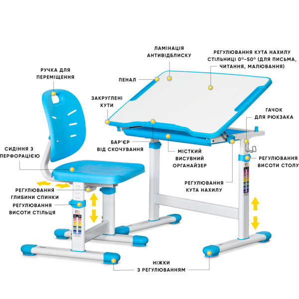 Комплект Evo-kids (стол+стул) Evo-05 Ergo Blue (арт. Evo-05 Ergo BL) - столешница белая / цвет пластика голубой (коробок-1 шт.)