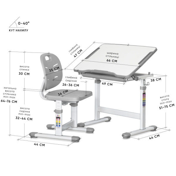 Комплект Evo-kids (стол+стул) Evo-05 Ergo Grey (арт. Evo-05 Ergo G) - столешница белая / цвет пластика серый (коробок-1 шт.)