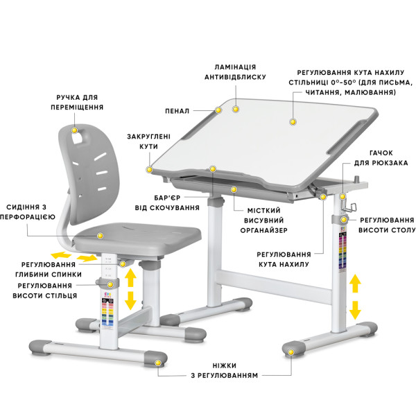 Комплект Evo-kids (стол+стул) Evo-05 Ergo Grey (арт. Evo-05 Ergo G) - столешница белая / цвет пластика серый (коробок-1 шт.)