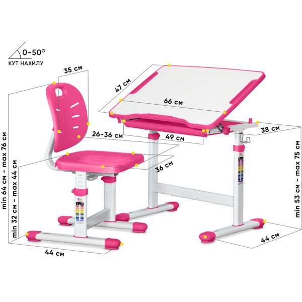 Комплект Evo-kids (стол+стул) Evo-06 Ergo Pink (арт. Evo-06 Ergo PN) - столешница белая / цвет пластика розовый (коробок-1 шт.)