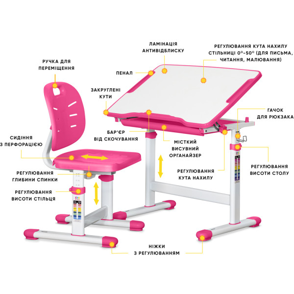 Комплект Evo-kids (стол+стул) Evo-06 Ergo Pink (арт. Evo-06 Ergo PN) - столешница белая / цвет пластика розовый (коробок-1 шт.)