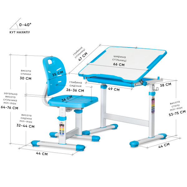 Комплект Evo-kids (стіл+стілець) Evo-06 Plus Blue (арт. Evo-06 Plus BL) - стільниця біла / колір пластика блакитний (коробок-1 шт.)