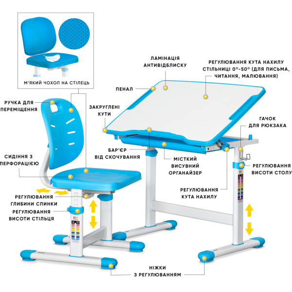 Комплект Evo-kids (стіл+стілець) Evo-06 Plus Blue (арт. Evo-06 Plus BL) - стільниця біла / колір пластика блакитний (коробок-1 шт.)