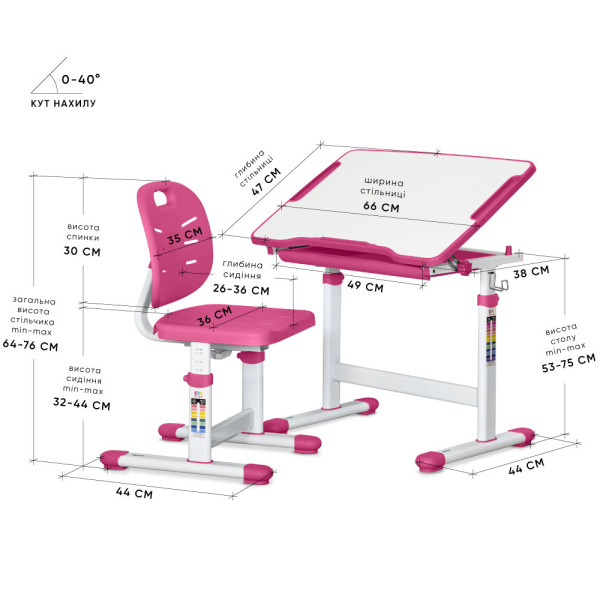 Комплект Evo-kids (стол+стул) Evo-06 Plus Pink (арт. Evo-06 Plus PN) - столешница белая / цвет пластика розовый (коробок-1 шт.)