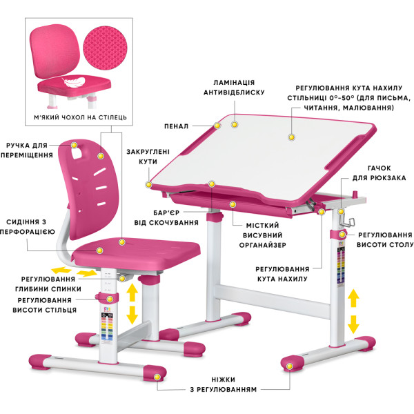 Комплект Evo-kids (стол+стул) Evo-06 Plus Pink (арт. Evo-06 Plus PN) - столешница белая / цвет пластика розовый (коробок-1 шт.)