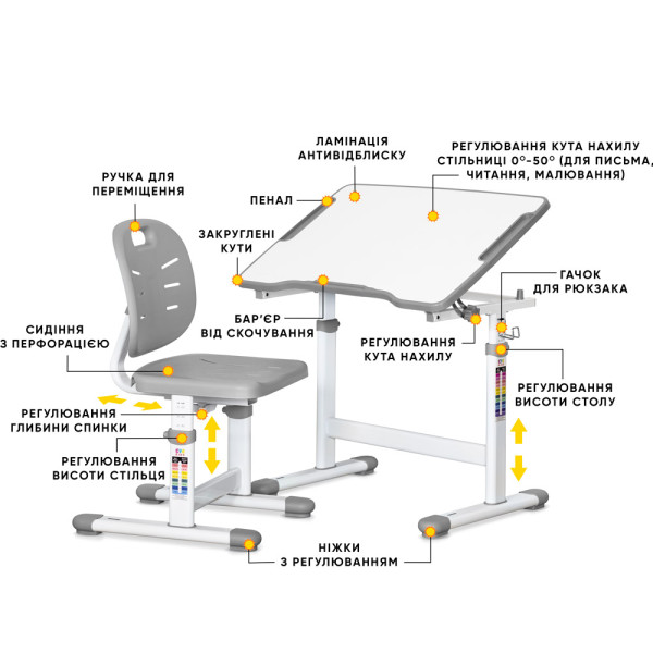 Комплект Evo-kids (стол+стул) Evo-07 Ergo Grey (арт. Evo-07 Ergo G) - столешница белая / цвет пластика серый (коробок-1 шт.)
