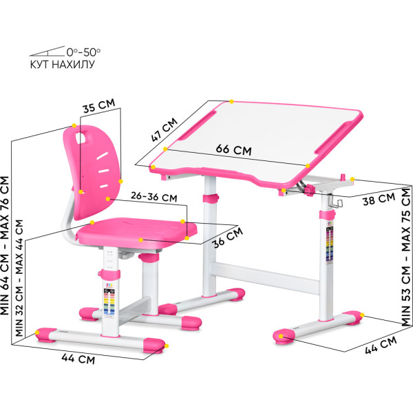 Комплект Evo-kids (стол+стул) Evo-07 Ergo Pink (арт. Evo-07 Ergo PN) - столешница белая / цвет пластика розовый (коробок-1 шт.)