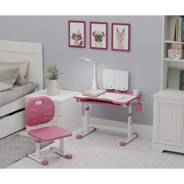 Комплект Evo-kids (стул+стол+полка+лампа) Evo-17 PN Ergo (арт. Evo-17 PN Ergo) - столешница белая / цвет пластика розовый (коробок-1 шт.)
