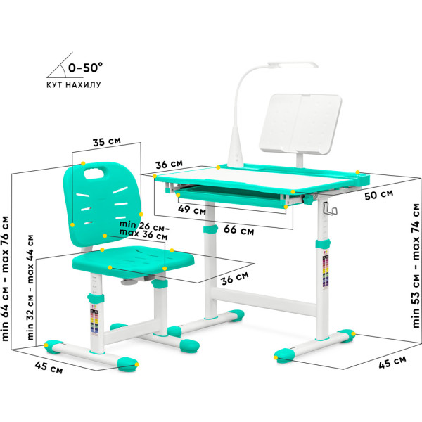Комплект Evo-kids (стул+стол+полка+лампа) Evo-17 Z Ergo (арт. Evo-17 Z Ergo) - столешница белая / цвет пластика зеленый (коробок-1 шт.)