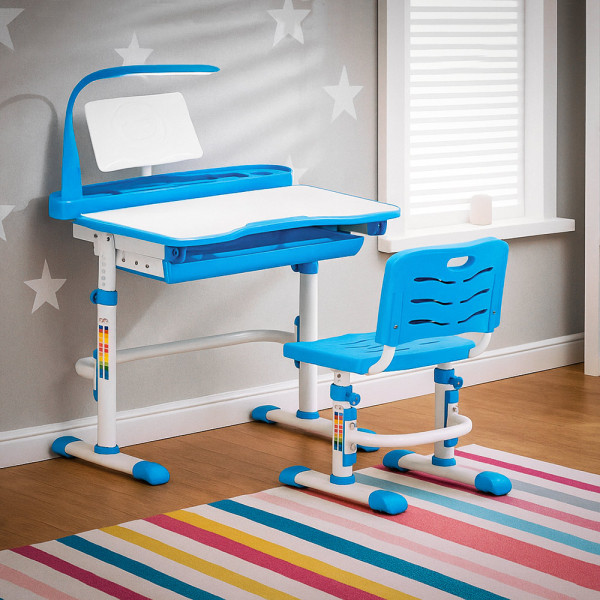 Комплект Evo-kids (стул+стол+полка+лампа) Evo-18 BL  (Blue) с лампой - столешница белая / цвет пластика голубой (коробок-1 шт.)