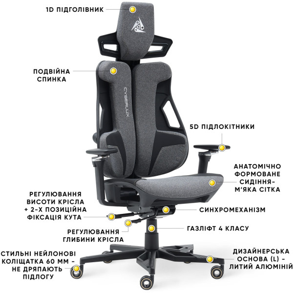 Геймерське крісло Cyberlux V10 Fabric Grey (арт. GM-V10 FG) - оббивка тканина / колір сірий (коробок 1 шт.)