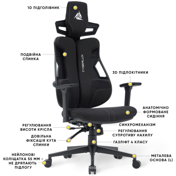 Геймерское кресло Cyberlux V8 Fabric Black (арт. GM- V8 FB) - обивка черная однотонная (коробок-1 шт.)