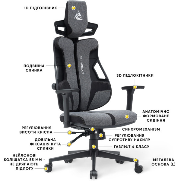 Геймерское кресло Cyberlux V8 Fabric Grey (арт. GM- V8 FG) - обивка серая однотонная (коробок-1 шт.)