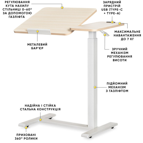 Стіл Hommex Mobidesk Duo USB Maple (арт. ТН-010-2 Maple) - стільниця клен / ніжки білі (коробок 1 шт.)