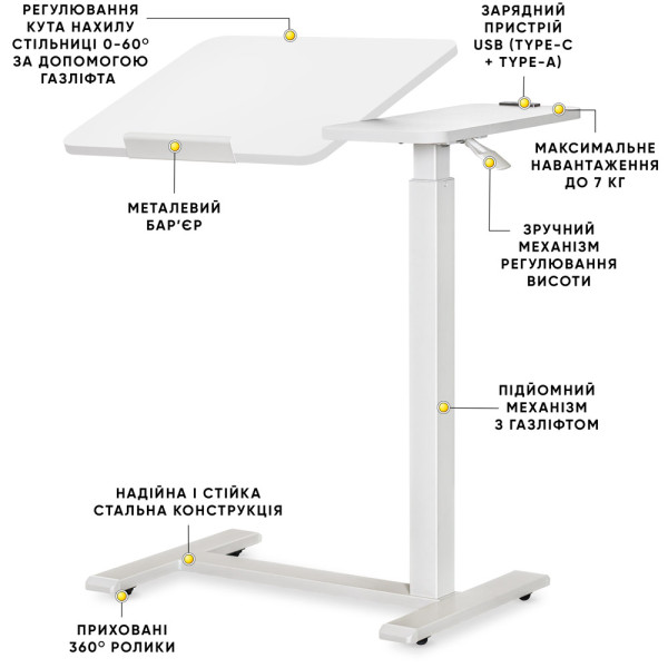 Стіл Hommex Mobidesk Duo USB White (арт. ТН-010-2 White) - стільниця біла / ніжки білі (коробок 1 шт.)
