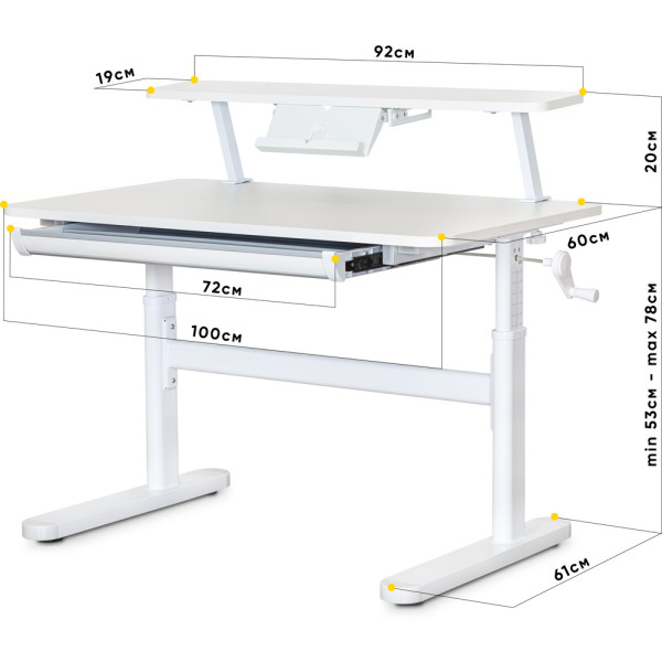 Дитячий стіл Evo-Kids TH-210 з полицею S50 XL White (арт.TH-210 W + BD-S50 XL) - стільниця біла / ніжки білі (коробок-2 шт.)