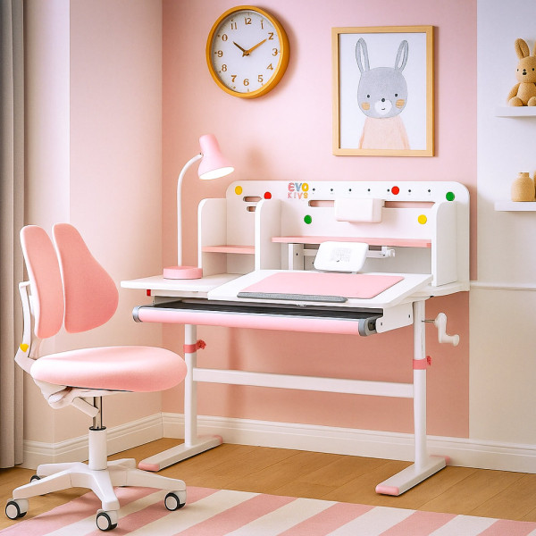 Комплект парта Evo-кids TH-230 Pink + кресло Evo-kids Mio Lite Pink (арт.TH-230 W/PN + Y-208 KP)  - обивка розовая / накладки на ножках розовые (коробок-2 шт.)