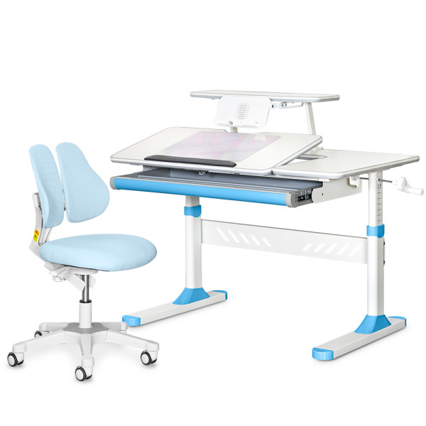 Комплект парта Ergokids TH-320 Blue + кресло Evo-kids Mio Lite KBL (арт.TH-320 W/BL + Y-208 KBL) - обивка голубая / накладки на ножках голубые (коробок-2 шт.)