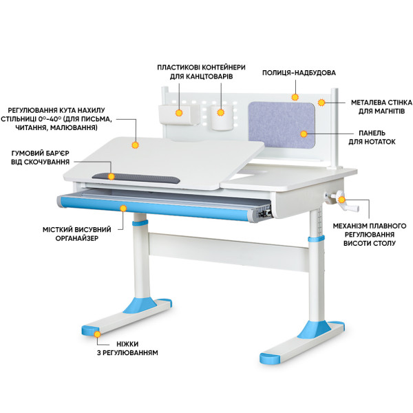 Детский стол ErgoKids TH-325 Blue (арт.TH-325 W/BL) - столешница белая / накладки на ножках голубые (коробок-2 шт.)