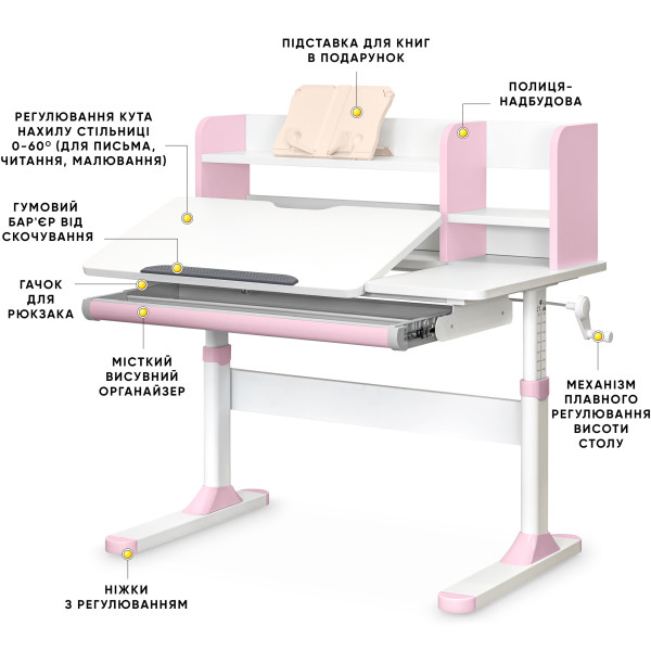 Дитячий стіл Evo-kids TH-330 Pink (арт. TH-330 W/PN) - стільниця біла / накладки на ніжках рожеві (коробок-1 шт.)