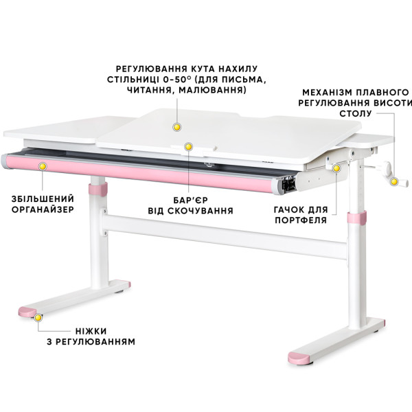 Дитячий стіл Evo-kids TH-360 Lite Pink (арт. TH-360 WG/PN Lite) - стільниця біла / накладки на ніжках рожеві (коробок 1 шт.)